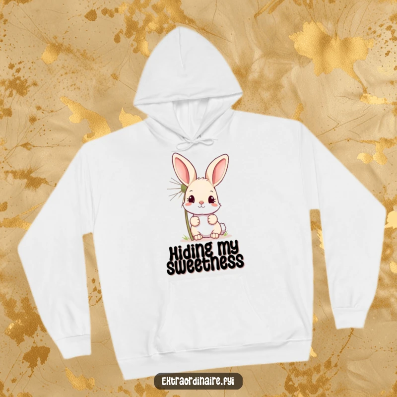 Funny hoodie with a curious bunny peeking from behind a giant, sparkling dandelion, offering cozy and enchanting comfort.