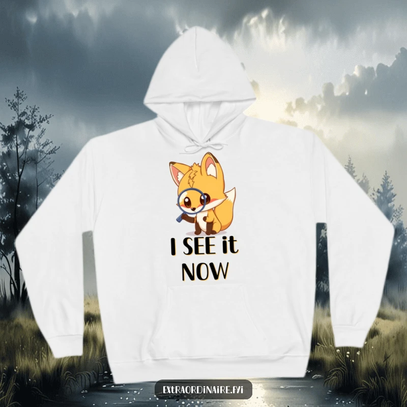 Funny fox hoodie, featuring a curious fox and a magnifying glass, warm and cozy design, perfect for humor lovers and a funny gift.