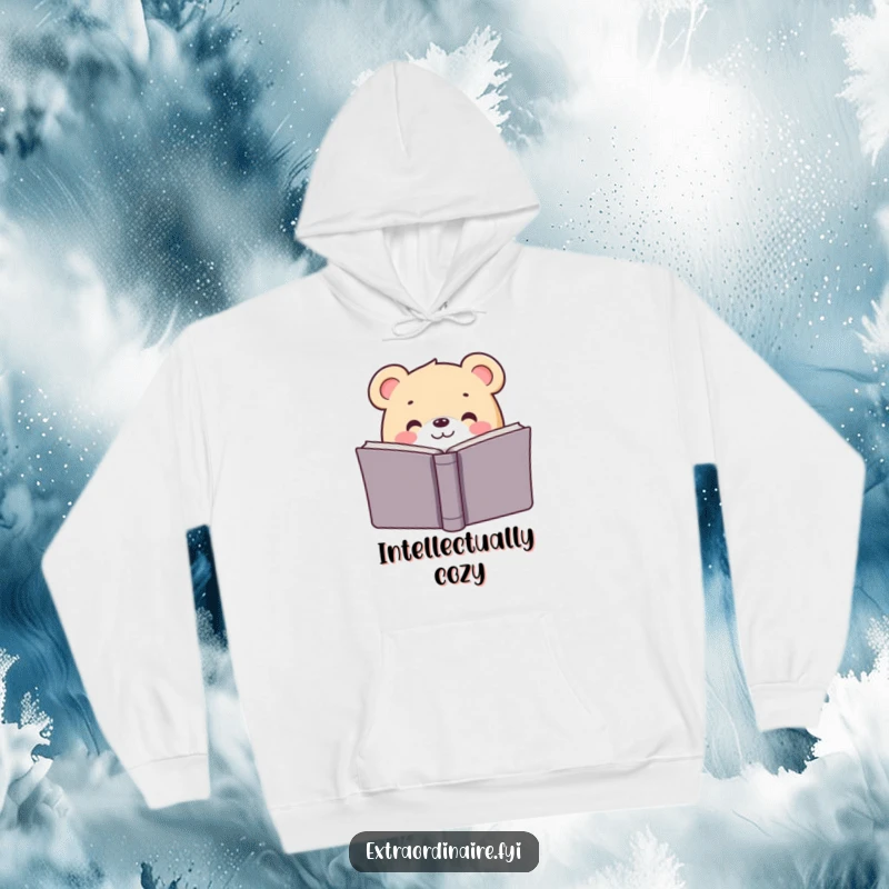 Funny hoodie showing a bear hiding behind a big book, perfect for cozy reading and expressing a love for literature.