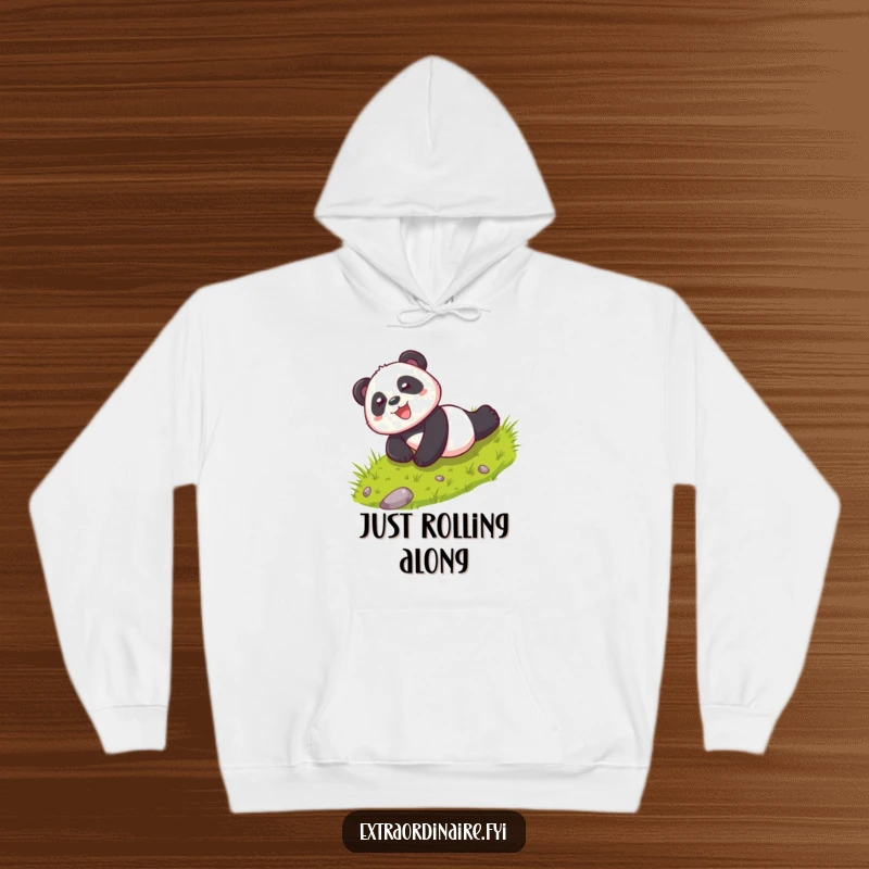 Funny hoodie depicting a playful panda character rolling down a hill with glee, offering comfort and a touch of lighthearted fun.