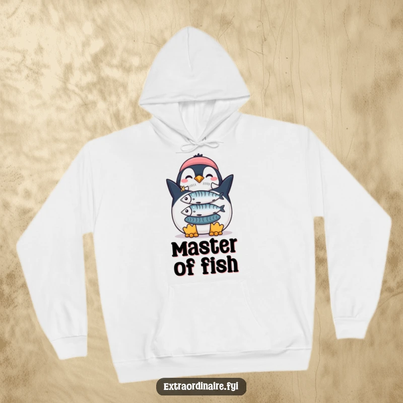 Funny Penguin Fish Stack Hoodie: A proud penguin showing off a stack of fish, offering funny warmth and pride.