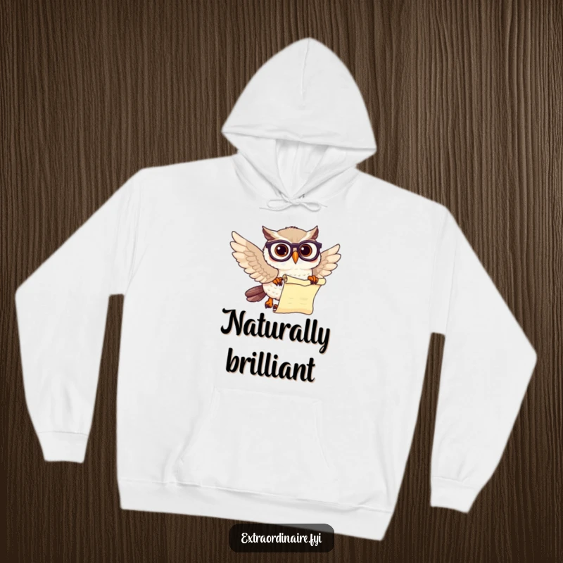 Funny owl scholar hoodie depicting a wise owl with spectacles and a scroll, perfect for cozy study.