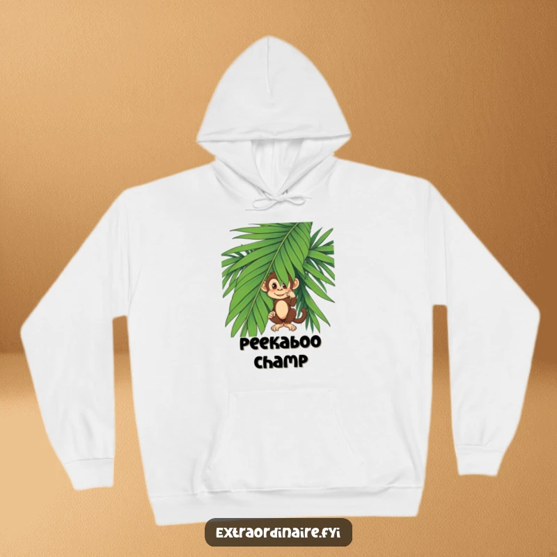 Funny monkey peeking from behind a lush palm leaf, comfortable and warm in this graphic hoodie.