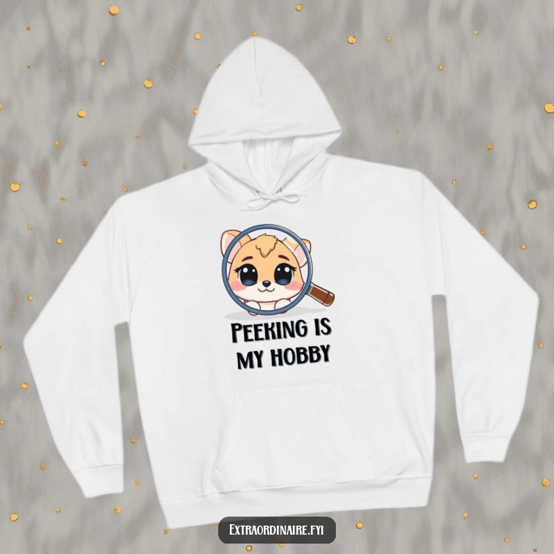 Funny Hoodie: A curious animal character is shown peeking from behind a large magnifying glass, highlighting investigation.