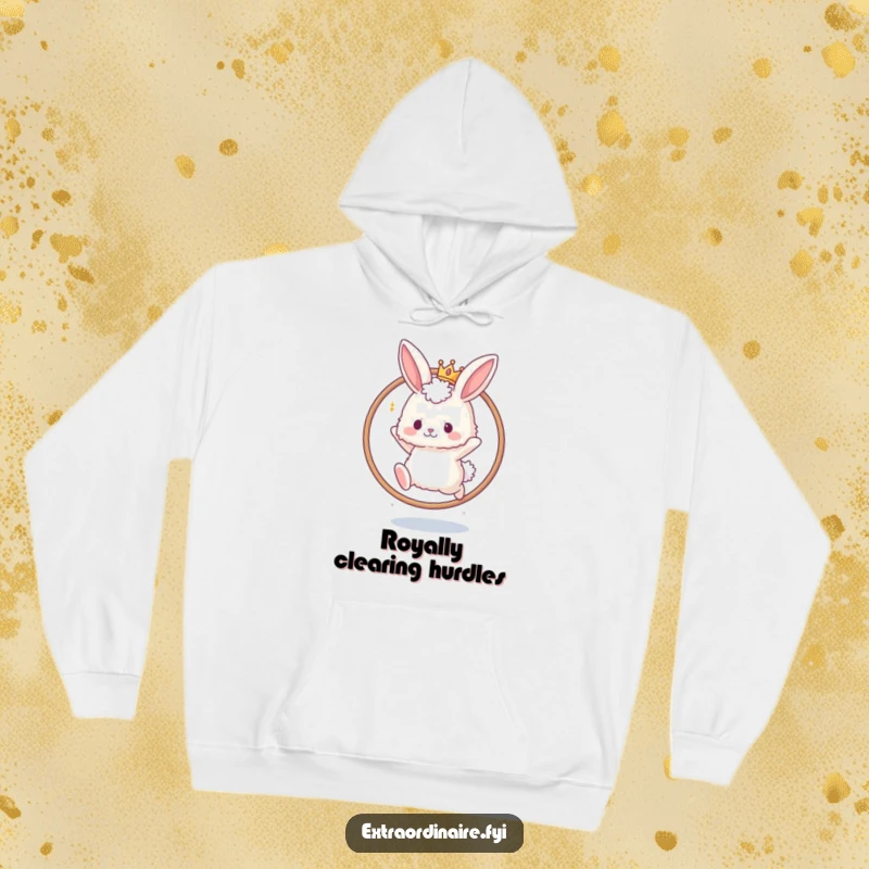 Funny hoodie depicting a fluffy bunny wearing a tiny crown, leaping through a hoop. Cozy and charming.