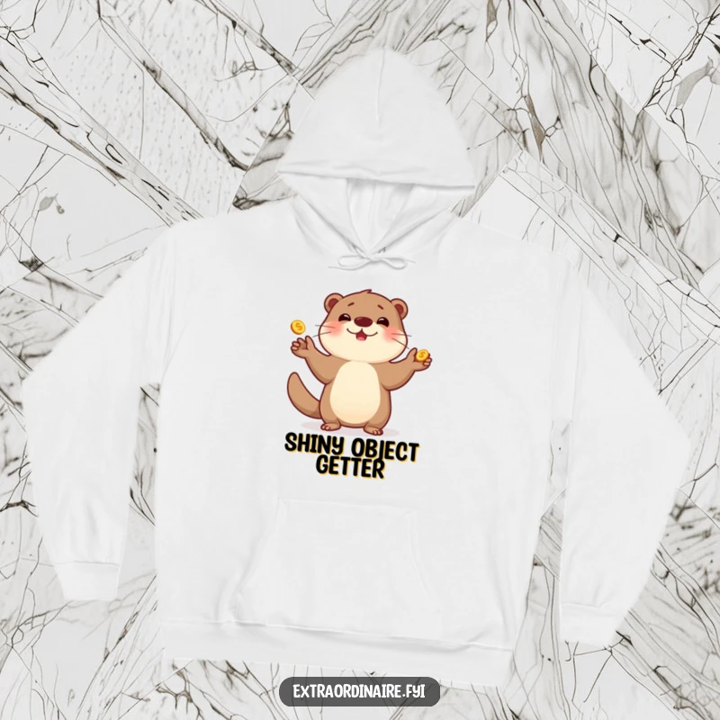 Funny otter hoodie, energetically juggling golden coins, designed for cozy and playful enjoyment.