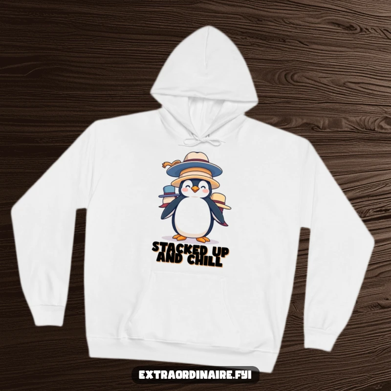 Funny Penguin Hat Stack Hoodie: A silly penguin balances oversized hats, offering a humorous and cozy design for ultimate comfort and playful vibes.