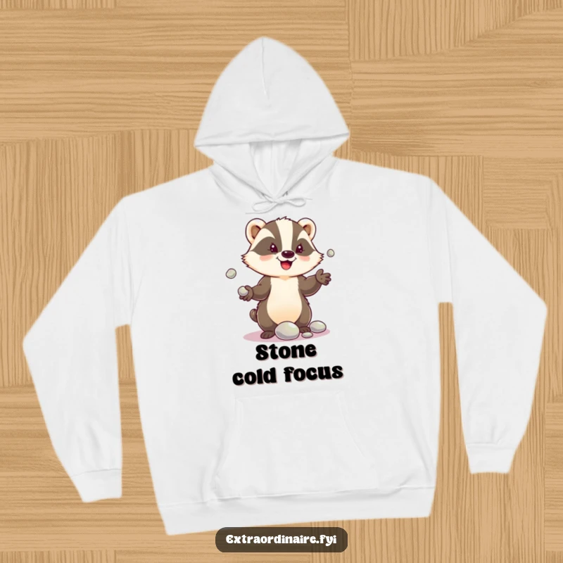 Funny hoodie illustration of a delighted badger character juggling shiny pebbles, capturing a moment of focused, humorous action.