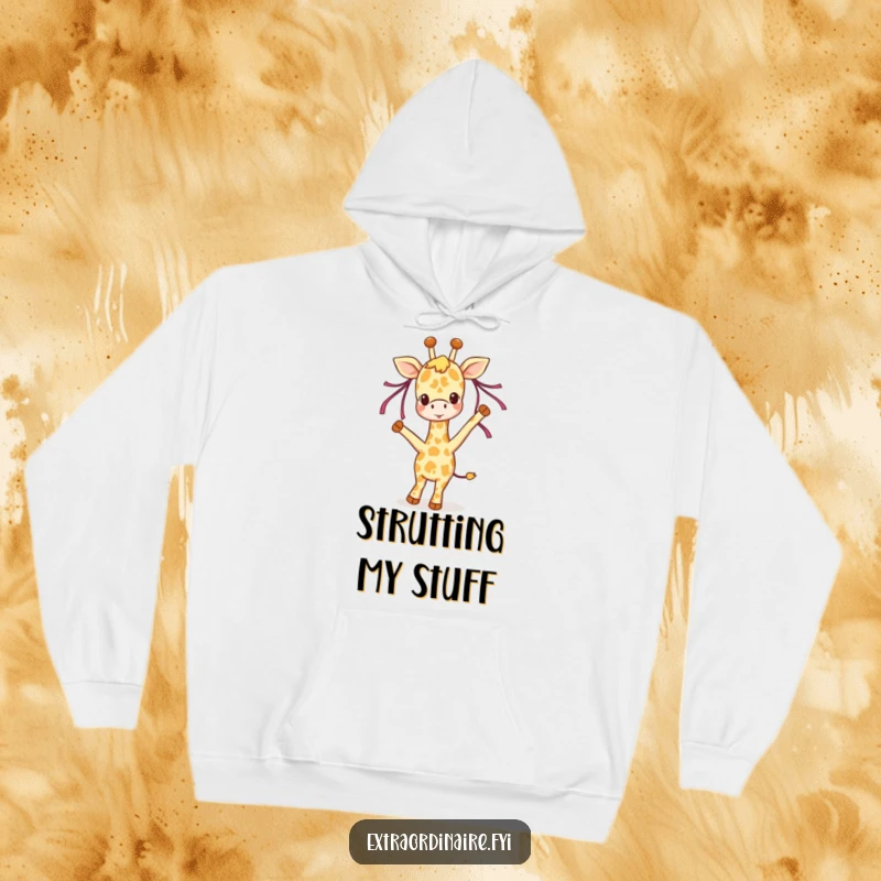 Funny giraffe hoodie, a joyful giraffe character dancing with ribbons in its mane, cozy and cheerful apparel for happy souls.