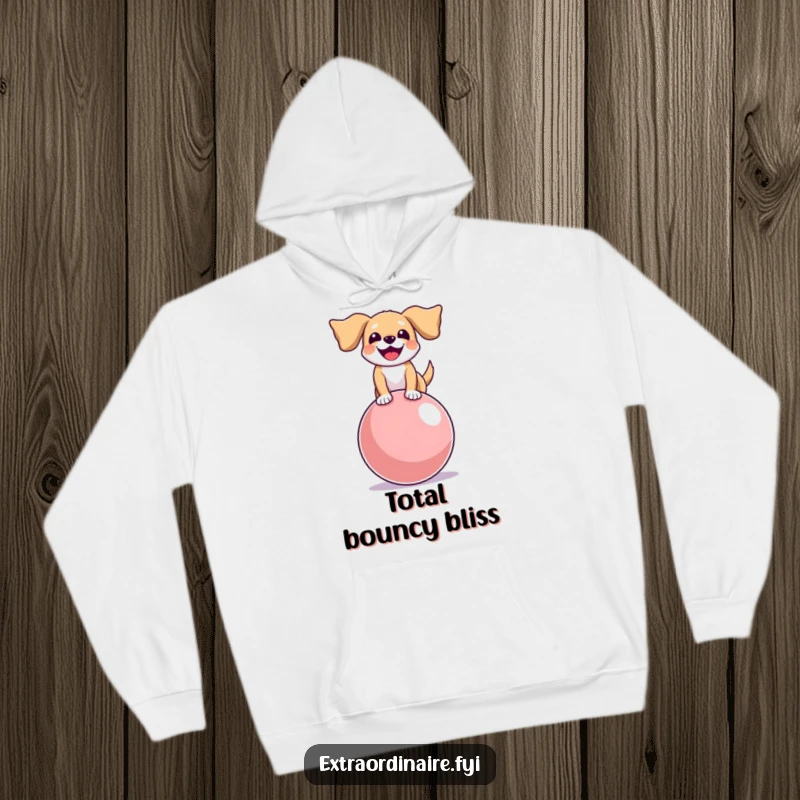 Funny hoodie featuring a joyful dog with floppy ears balancing on a giant bouncy ball, offering warmth and playful charm.