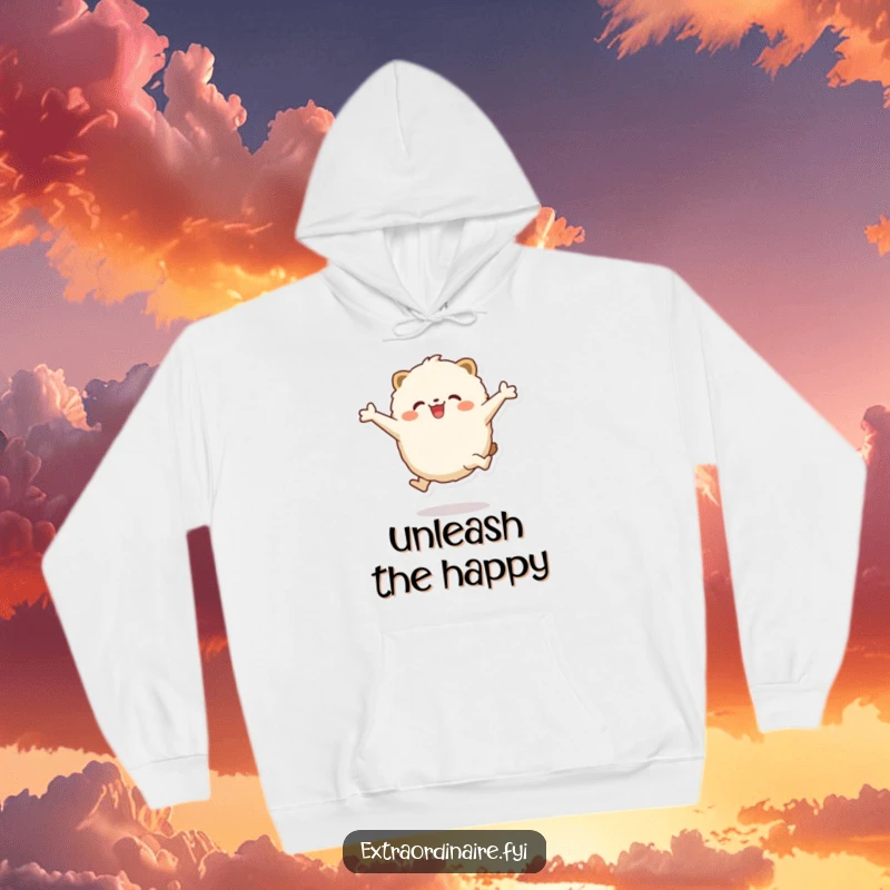 Funny Hoodie: A soft, round animal character joyfully leaping with arms spread wide, embodying pure excitement and playful energy.