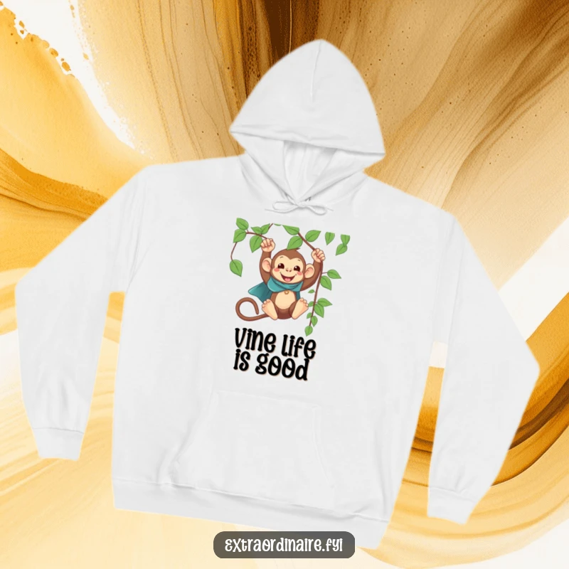 Funny Monkey Cape Swinging Hoodie: Cute, caped monkey swinging on a vine, offering a warm and funny embrace.