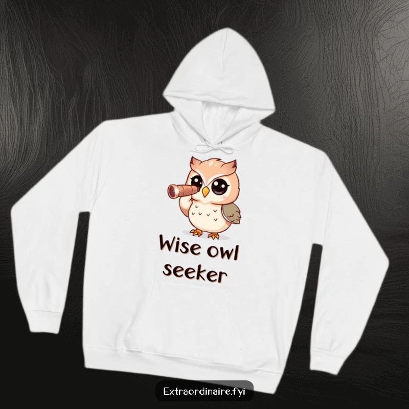Funny Owl Hoodie: A curious owl character is depicted peering through a large, sparkly telescope at distant stars.