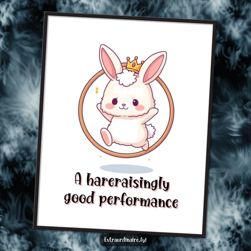 Funny Free Printable Wall Art: Fluffy bunny wearing a tiny crown leaps through a hoop, a whimsical and joyful downloadable art piece.