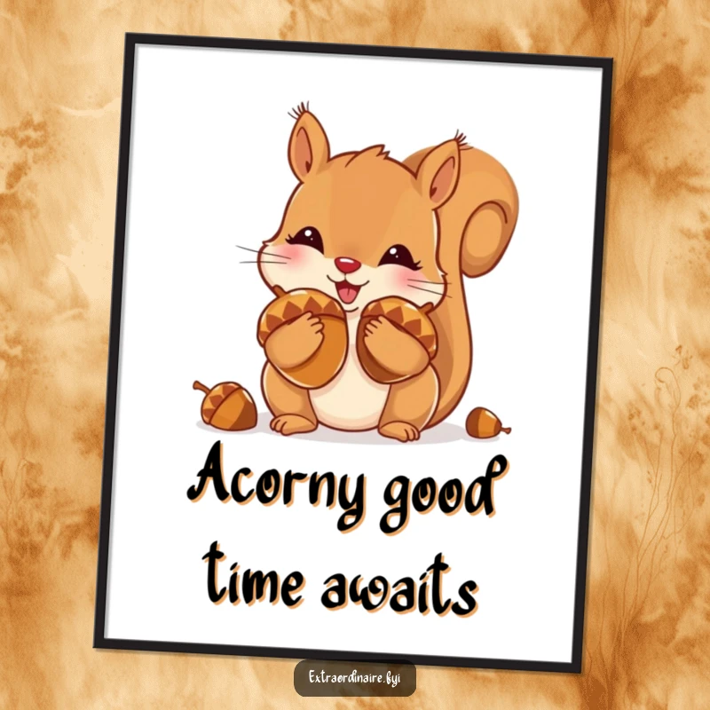 Funny Free Printable Wall Art of a squirrel comically cramming its cheeks with plentiful, shiny, oversized acorns.
