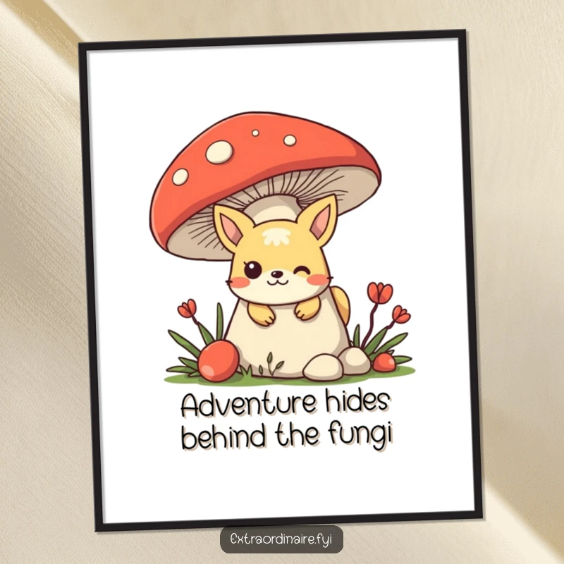 Funny Free Printable Wall Art: A mischievous animal character peeking mischievously from behind a giant, colorful mushroom.