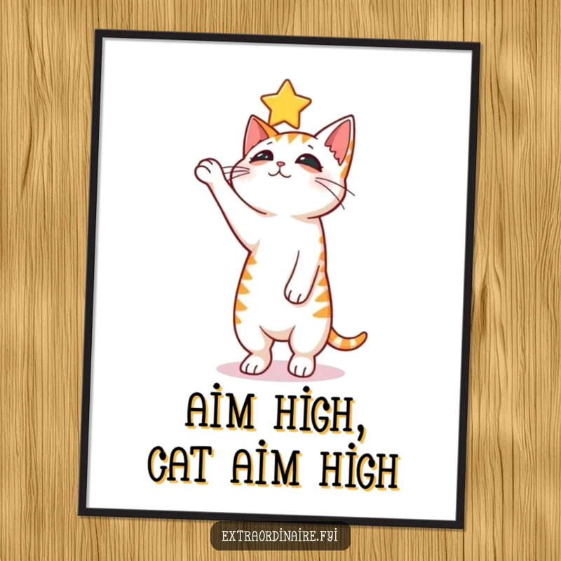 Funny Free Printable Wall Art of a curious cat balancing on its hind legs, reaching with fascination towards a glowing floating star.