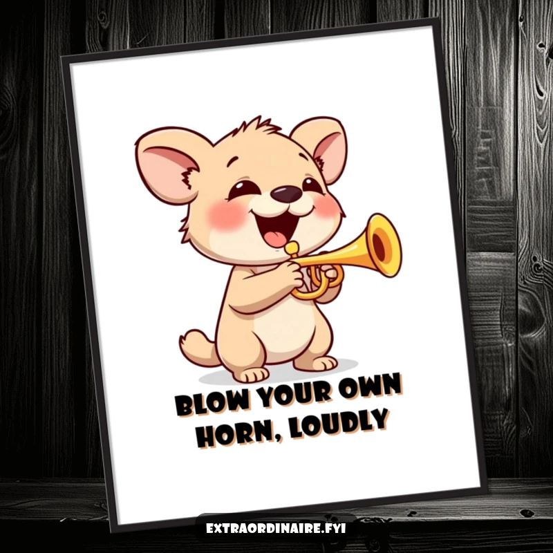 Funny Free Printable Wall Art: An animal character joyfully playing a tiny trumpet with a wide, happy smile.