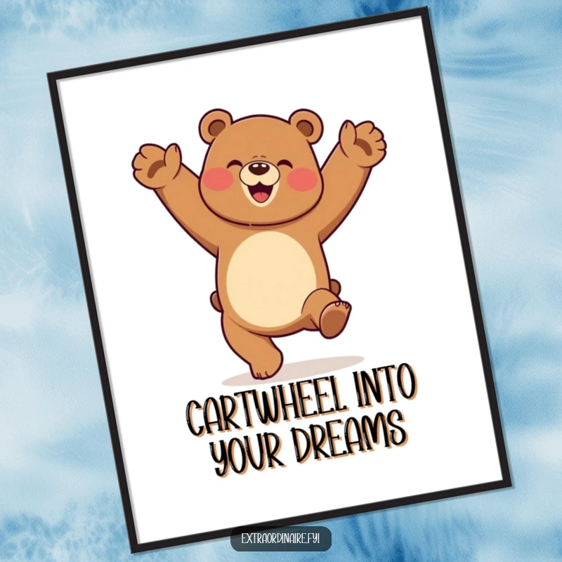 Funny Free Printable Wall Art: A dancing bear character performing a cartwheel with a look of absolute elation.