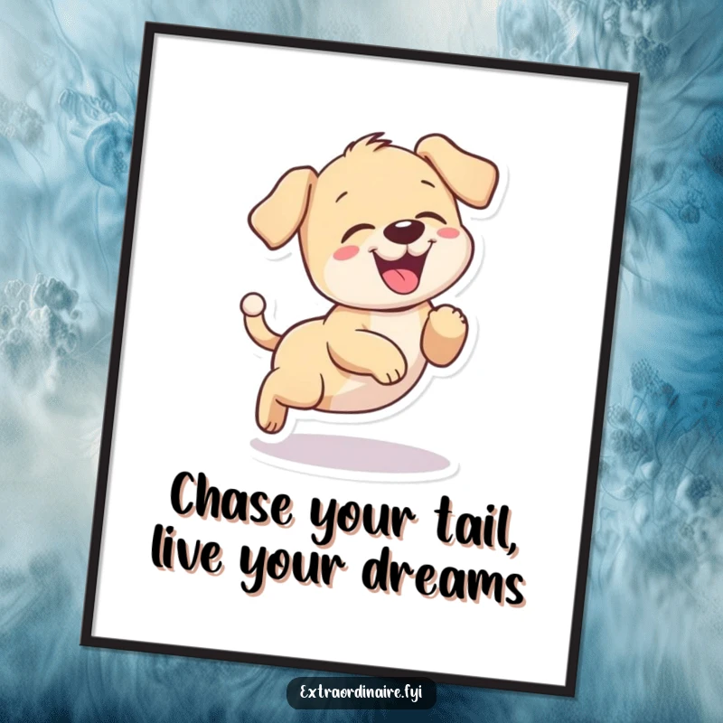 Funny Free Printable Wall Art of a gleeful puppy giggling hysterically while chasing its own tail in a continuous loop.