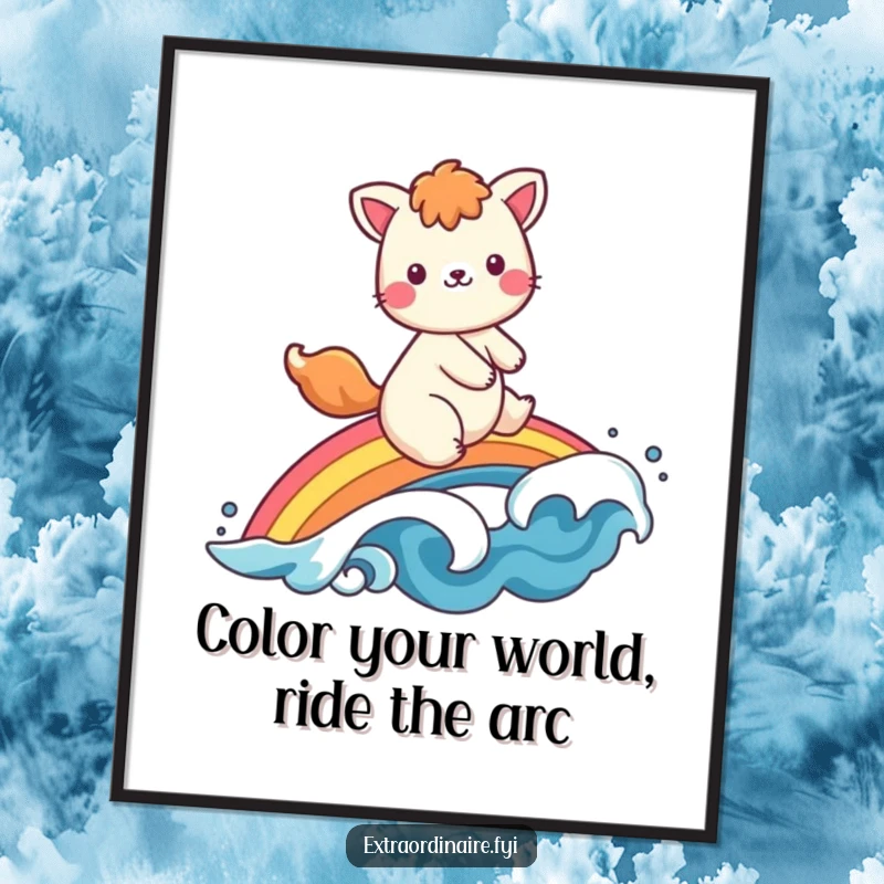 Funny free printable wall art: A joyful animal soaring on a vibrant rainbow, waving happily. Adds a pop of color!