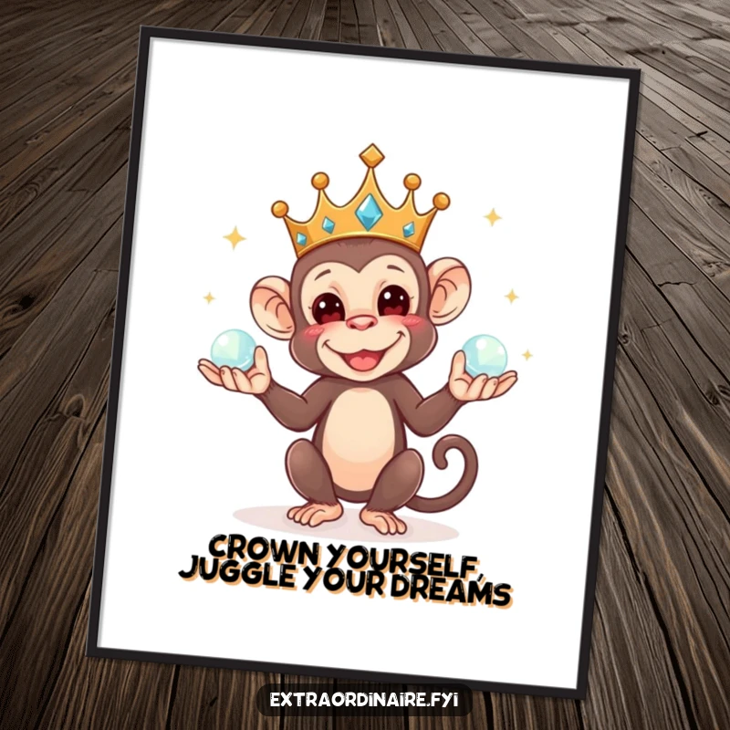Funny Free Printable Wall Art: A mischievous monkey wearing a tiny crown, skillfully juggling several sparkling orbs.