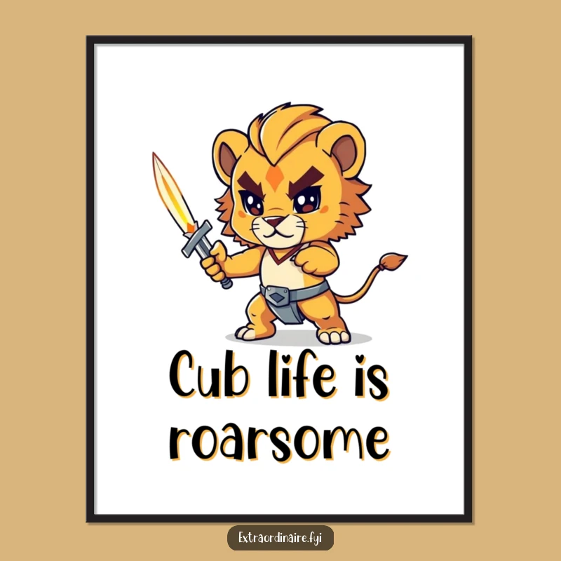 Funny Free Printable Wall Art: Lion Cub Sword Fighter, Downloadable Art for Kids Room