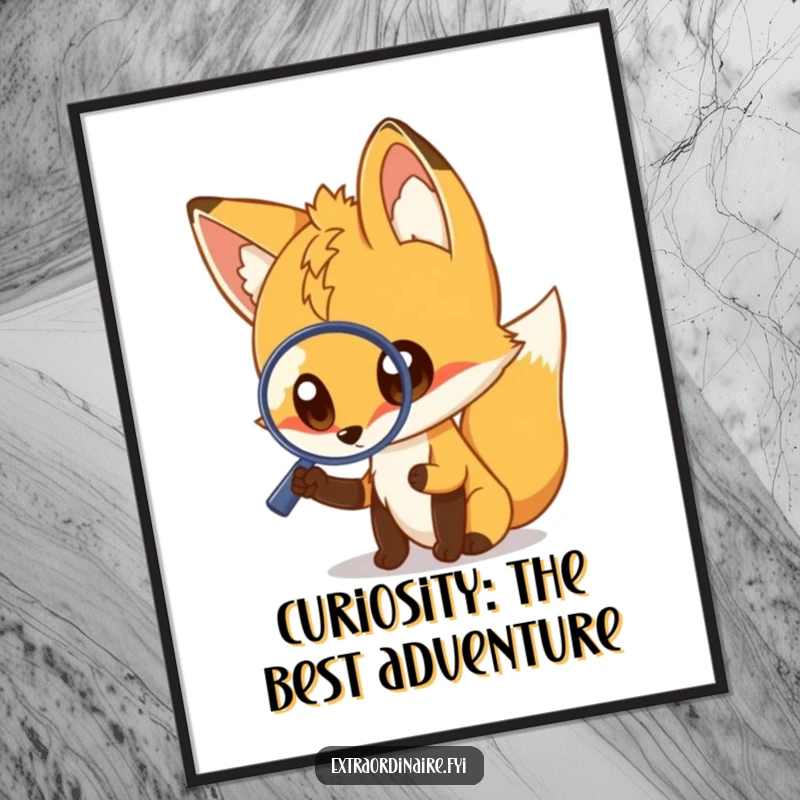 Funny Free Printable Wall Art: A curious fox with large eyes intently examines a magnifying glass, adding humor to your decor.