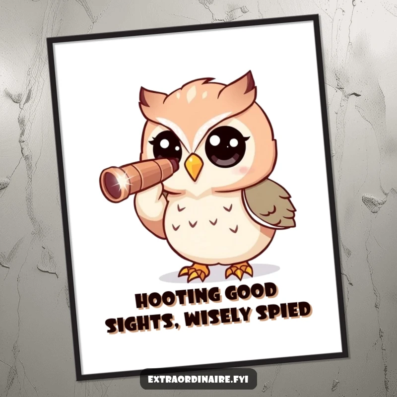 Funny Free Printable Wall Art: A curious owl with large, expressive eyes peers intently through a large, sparkling telescope at the stars.