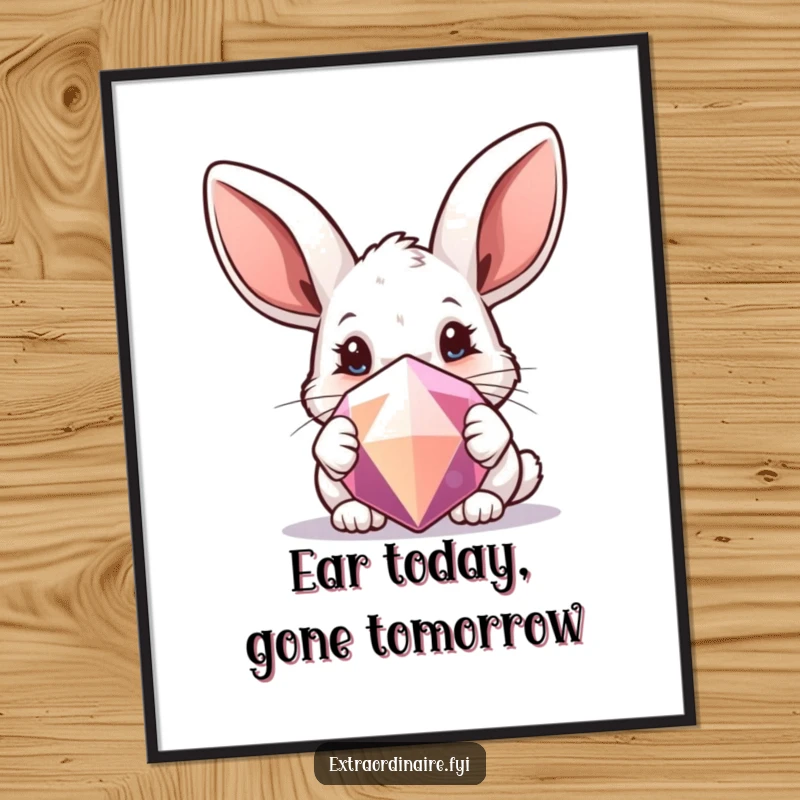 Funny Free Printable Wall Art: A curious rabbit with dramatically oversized ears, peeking from behind a large, sparkling gem.