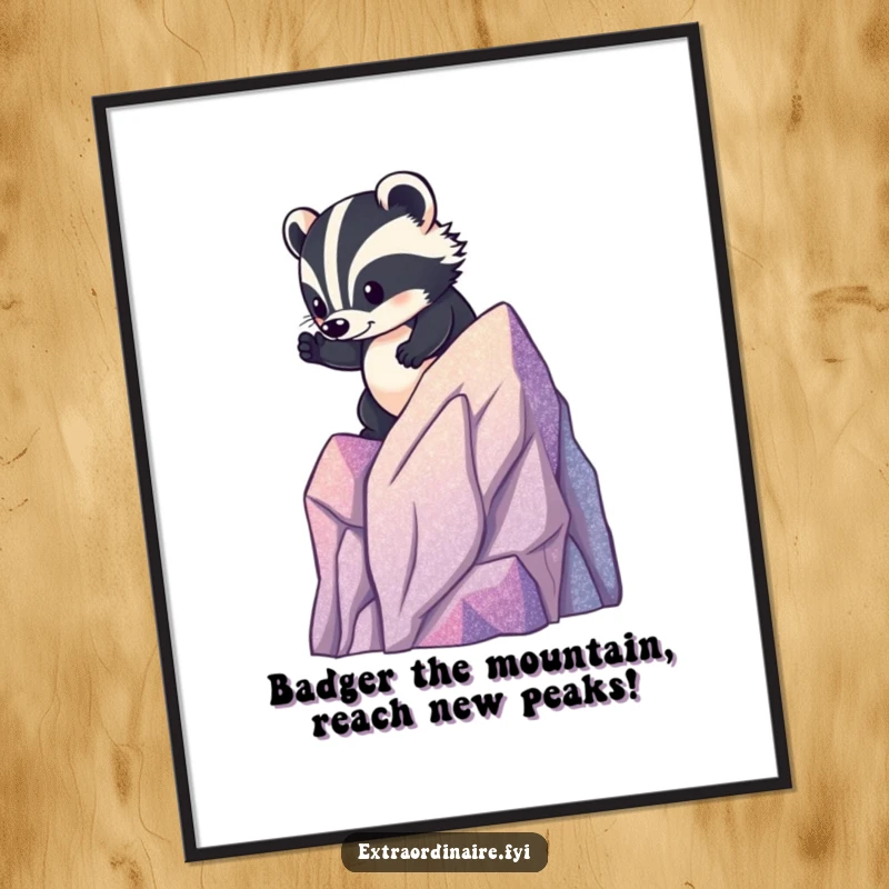 Free Printable Wall Art of a brave badger fearlessly climbing a miniature, glittery mountain peak.
