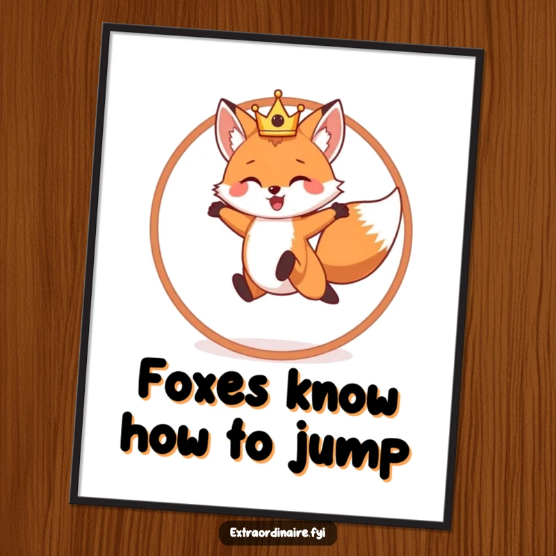 Funny Free Printable Wall Art: A cheerful fox wearing a tiny crown, mid-leap through a hoop with joyful energy.