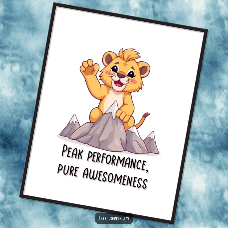 Funny Free Printable Wall Art: A mighty lion cub with paws raised victoriously, celebrating conquering miniature mountains.