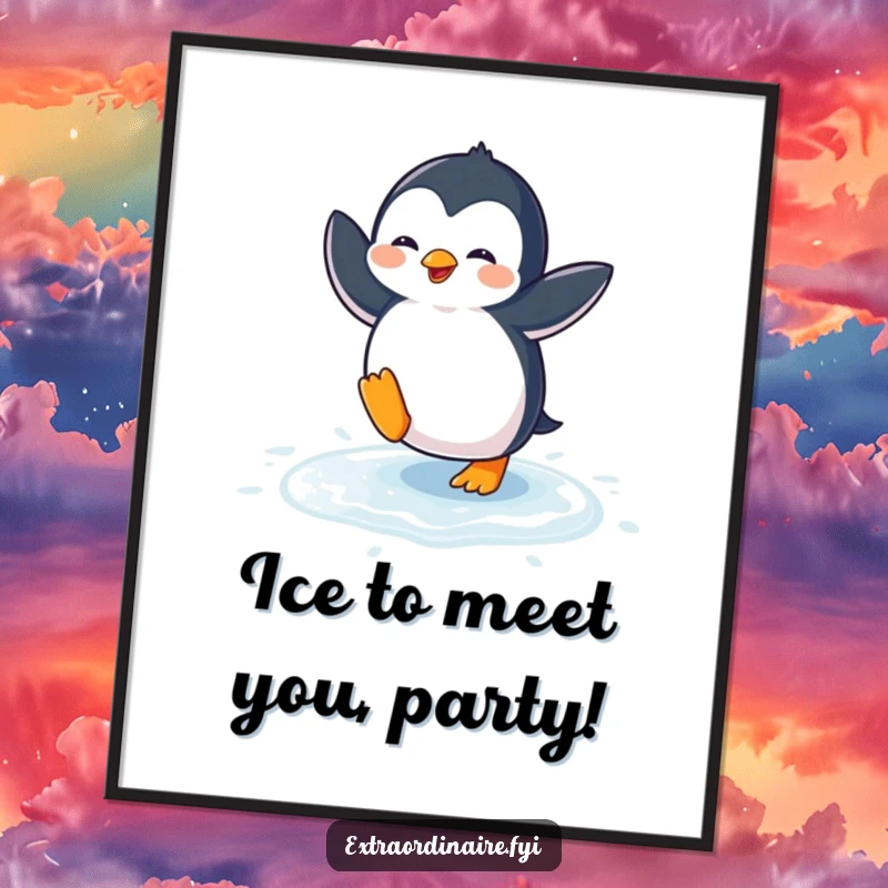 Funny Free Printable Wall Art: A playful penguin doing a hilarious, energetic dance on a shiny icy surface.
