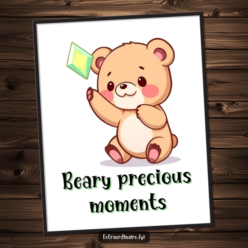 Funny Free Printable Wall Art: A cute bear cub playfully reaching out to touch a magical, glowing hovering gem.