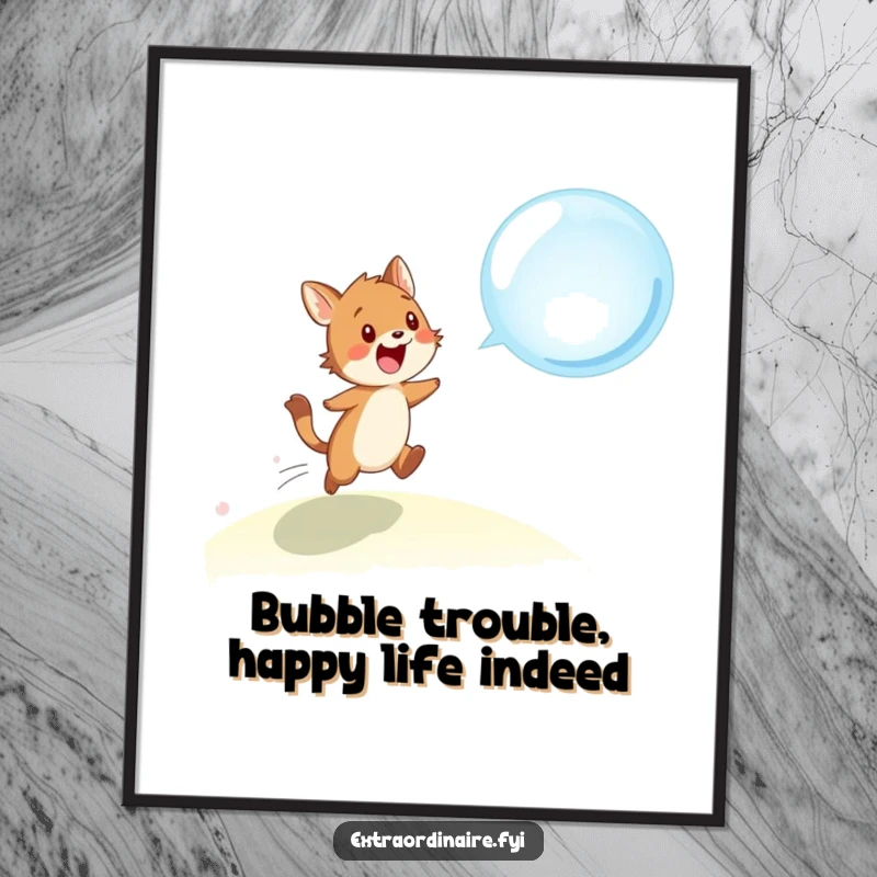 Funny free printable wall art: A whimsical animal comically pursuing a large, shimmering bubble. Adds a touch of playful charm!
