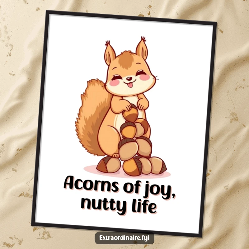 Funny Free Printable Wall Art: A joyful squirrel laughs heartily while balancing an impressive pile of acorns.