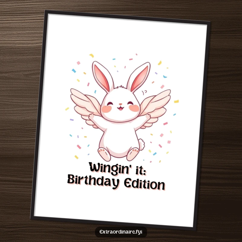 Funny Free Printable Wall Art: A whimsical rabbit with wings flying joyfully through a vibrant confetti shower.