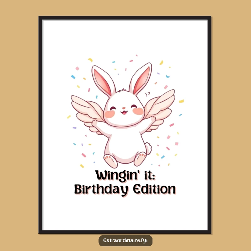 Free Printable Wall Art: Joyful Winged Rabbit Soaring in Confetti Downloadable Decor