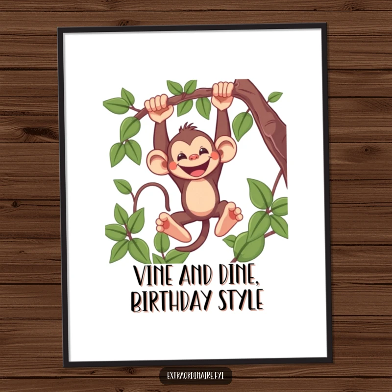 Funny Free Printable Wall Art: A mischievous monkey captured mid-swing from a vine, sporting a wide, cheeky grin.