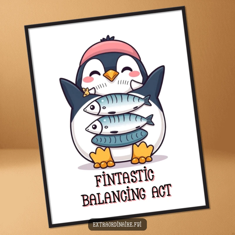 Funny Free Printable Wall Art: A proud penguin stands showing off a perfectly balanced stack of fish, adding decor.