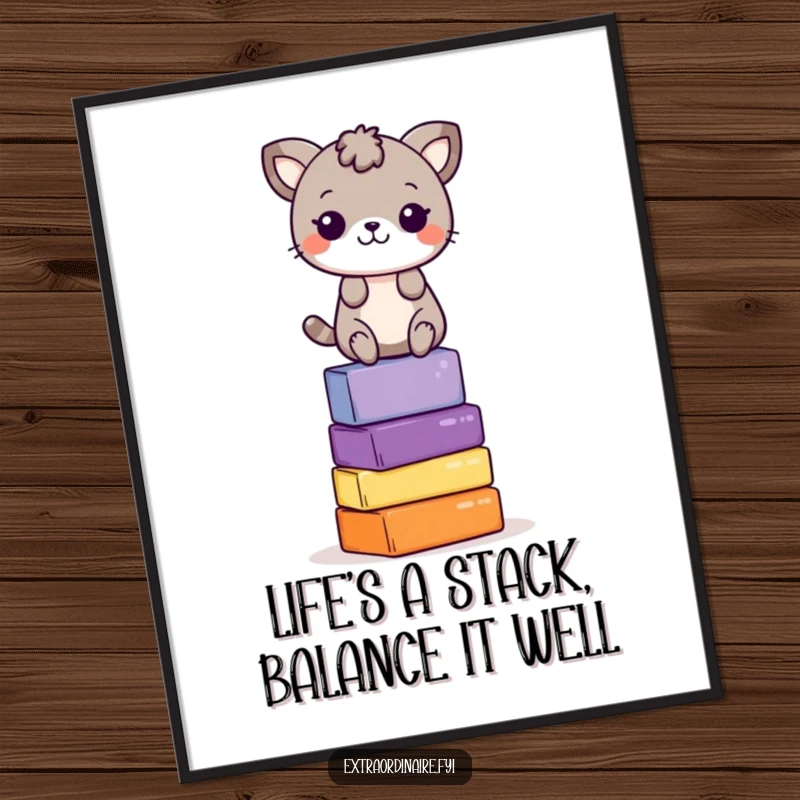 Funny Free Printable Wall Art: A playful animal character balancing with expert skill on a stack of colorful blocks.