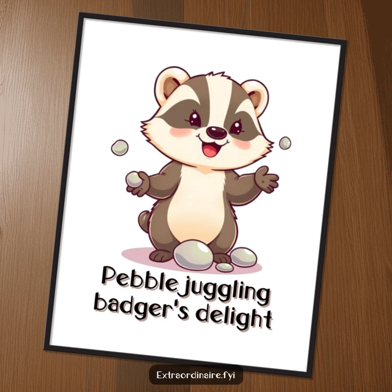 Funny Free Printable Wall Art: A delighted badger character skillfully juggling shiny pebbles, whimsical digital illustration.