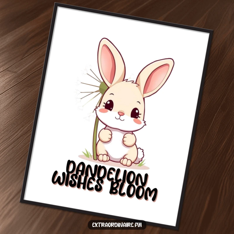 Funny Free Printable Wall Art: A curious bunny peeks from behind a giant, sparkling dandelion with delight.