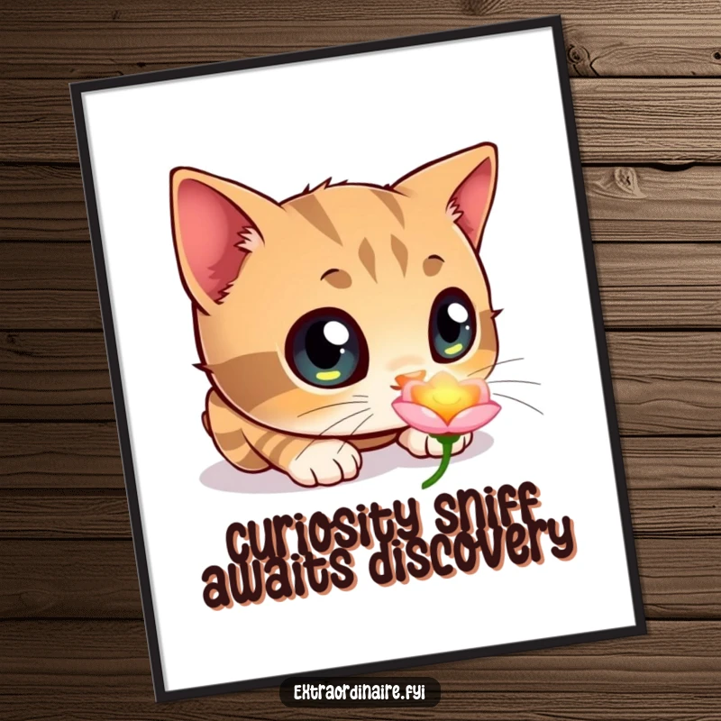 Funny Free Printable Wall Art of a wide-eyed, curious cat exploring a beautifully glowing, otherworldly flower.