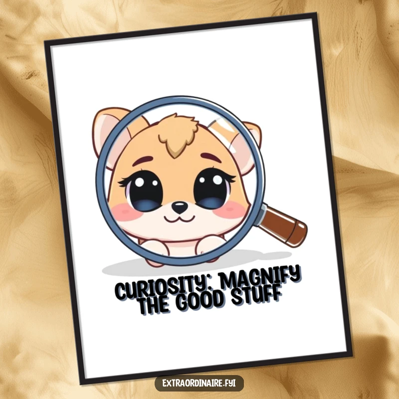 Funny Free Printable Wall Art: A curious animal character peeking with intrigue from behind a giant magnifying glass.