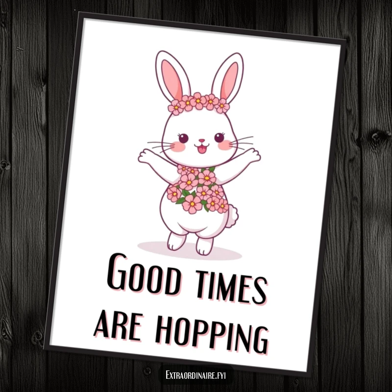 Funny Free Printable Wall Art: A happy rabbit wearing a vibrant flower garland dances energetically, bringing whimsical charm to any room.