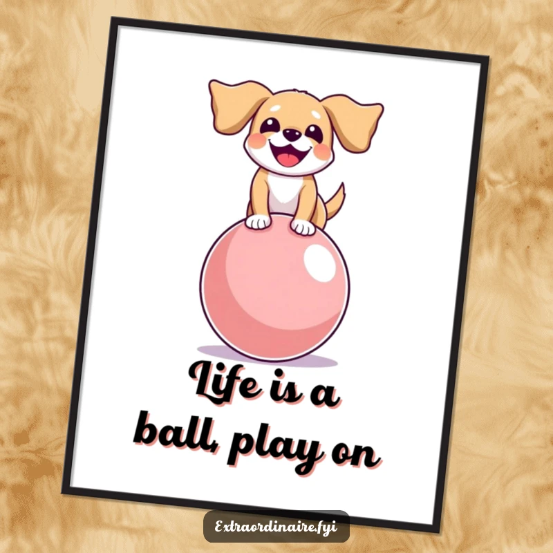 Funny Free Printable Wall Art showing a happy, floppy-eared dog in mid-balance on an enormous, vibrant bouncy ball.