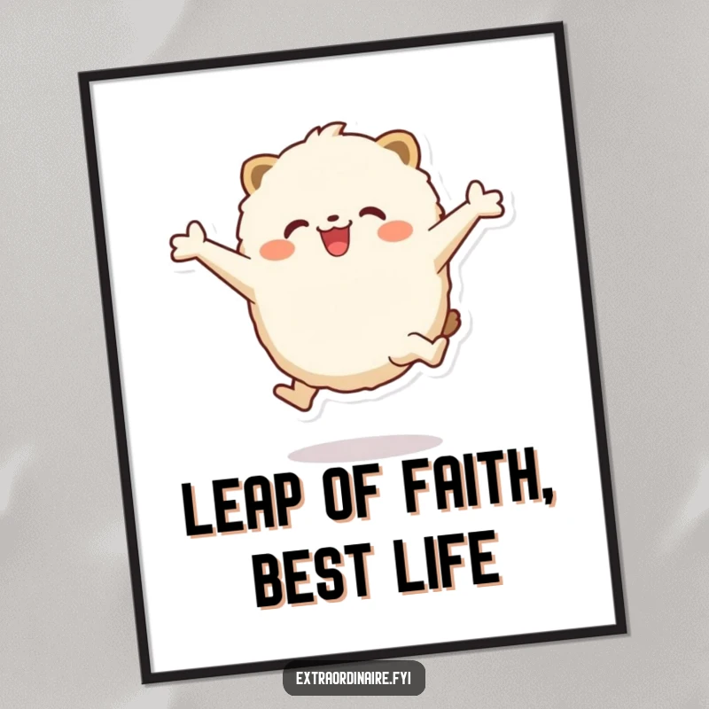 Funny Free Printable Wall Art: A fluffy round animal character leaping with pure excitement and outstretched arms.