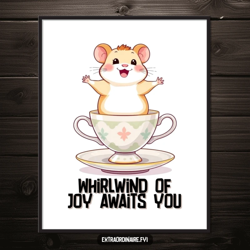 Funny Free Printable Wall Art: A happy, exhilarated hamster balancing precariously on a rapidly spinning teacup.